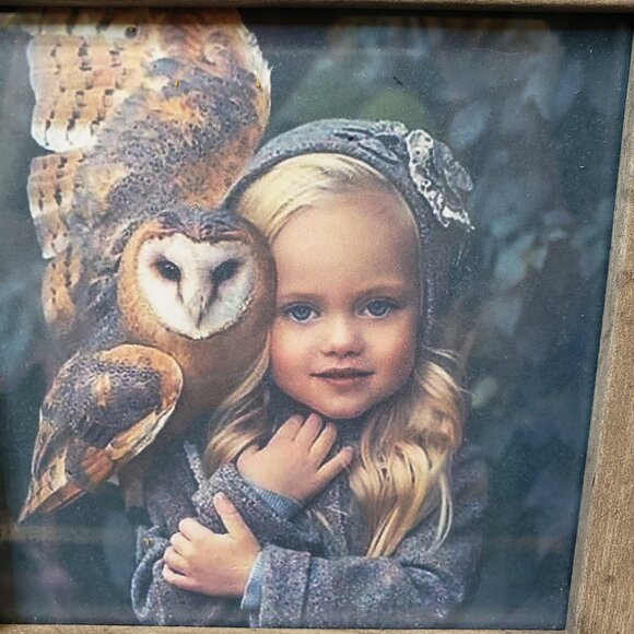 Cool Wooden Framed Girl with Barn Owl Print Woodland Tabletop Shelf Decor 6x6 - Picture 2 of 6
